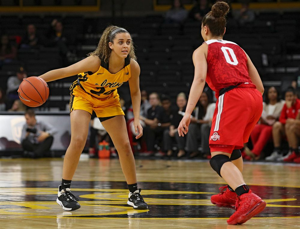 Iowa Hawkeyes guard Gabbie Marshall (24) dribbles the ball during the third quarter of their game at Carver-Hawkeye Arena in Iowa City on Thursday, January 23, 2020. (Stephen Mally/hawkeyesports.com)