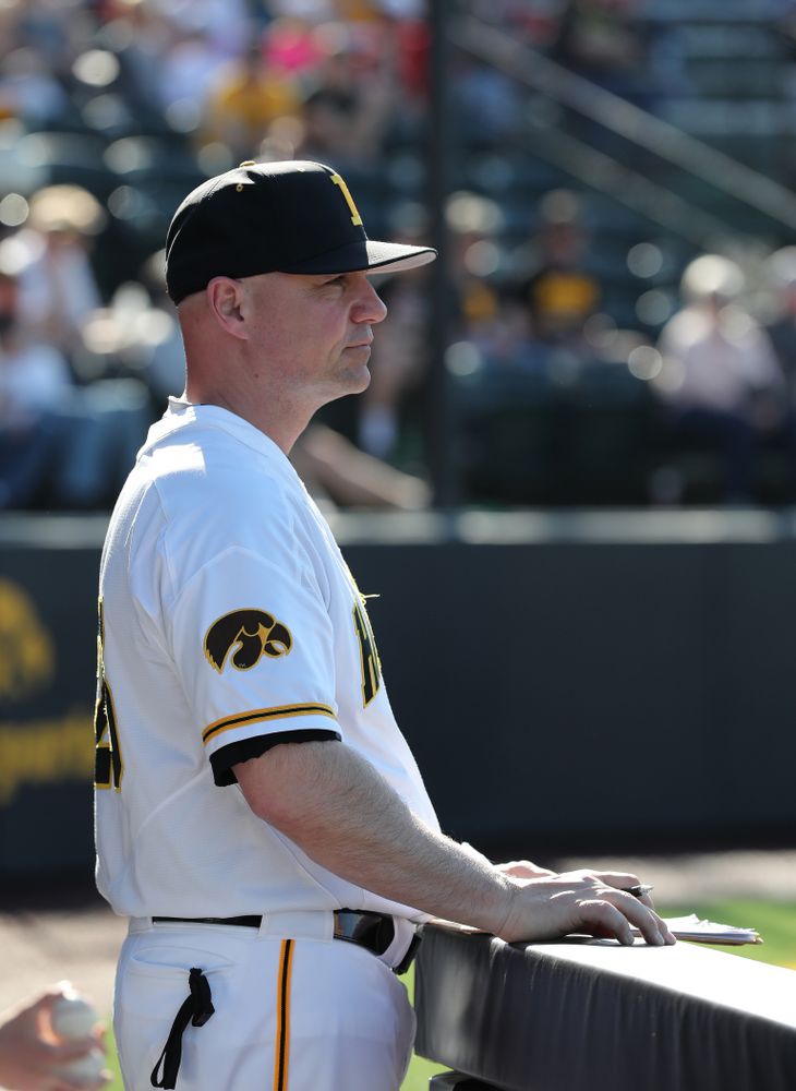 Iowa Hawkeyes assistant coach Robin Lund against the Nebraska Cornhuskers Saturday, April 20, 2019 at Duane Banks Field. (Brian Ray/hawkeyesports.com)