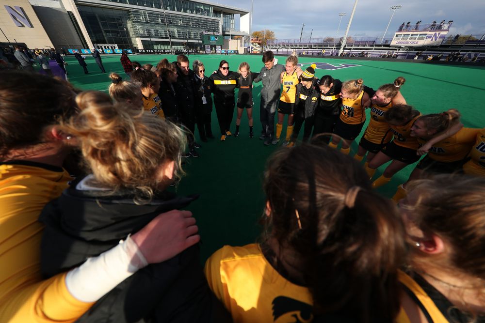 The Iowa Hawkeyes gather following their victory against the Michigan Wolverines in the semi-finals of the Big Ten Tournament Friday, November 2, 2018 at Lakeside Field on the campus of Northwestern University in Evanston, Ill. (Brian Ray/hawkeyesports.com)