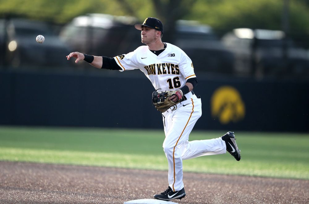 Iowa Hawkeyes Tanner Wetrich (16) turns a double play during game one against UC Irvine Friday, May 3, 2019 at Duane Banks Field. (Brian Ray/hawkeyesports.com)