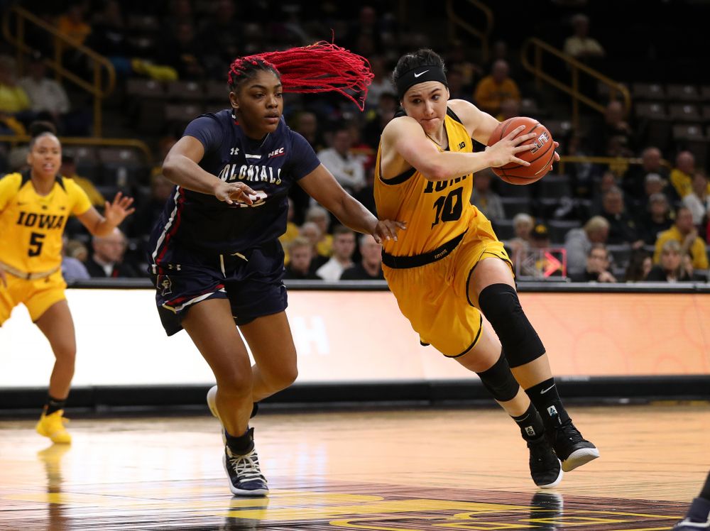Iowa Hawkeyes forward Megan Gustafson (10) against the Robert Morris Colonials Sunday, December 2, 2018 at Carver-Hawkeye Arena. (Brian Ray/hawkeyesports.com)