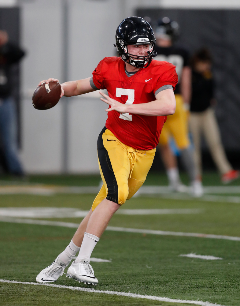 Iowa Hawkeyes quarterback Spencer Petras (7) during spring practice Wednesday, March 28, 2018 at the Hansen Football Performance Center. (Brian Ray/hawkeyesports.com)