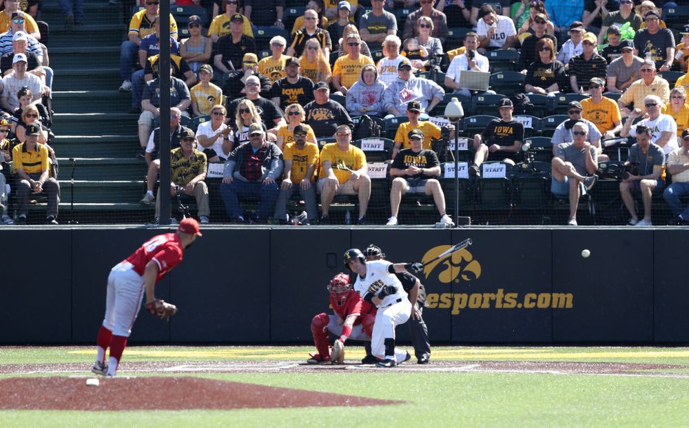Iowa Hawkeyes Chris Whelan (28) singles against the Nebraska Cornhuskers Saturday, April 20, 2019 at Duane Banks Field. (Brian Ray/hawkeyesports.com)