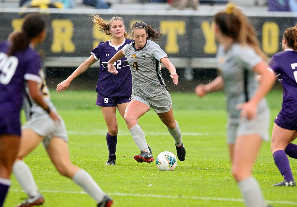 Iowa forward Kaleigh Haus (4) moves with the ball during the second half of their match at the Iowa Soccer Complex in Iowa City on Sunday, Sep 29, 2019. (Stephen Mally/hawkeyesports.com)