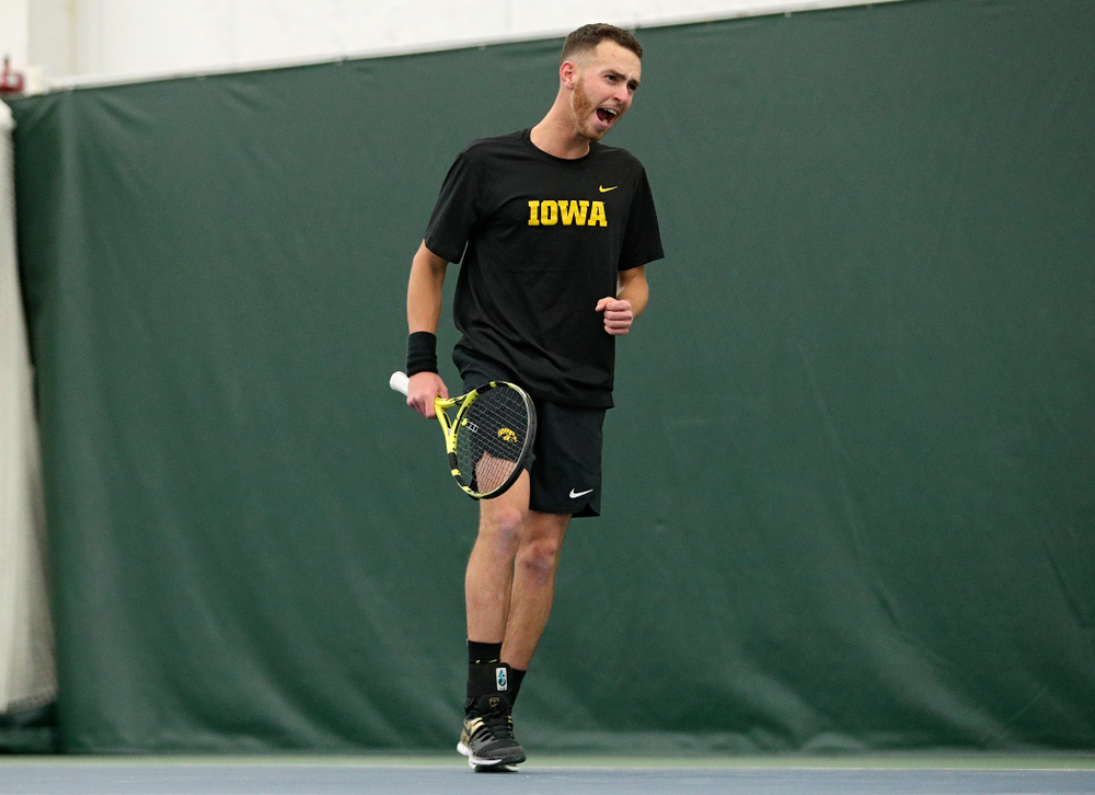 Iowa’s Kareem Allaf celebrates a point during his singles match at the Hawkeye Tennis and Recreation Complex in Iowa City on Friday, February 14, 2020. (Stephen Mally/hawkeyesports.com)