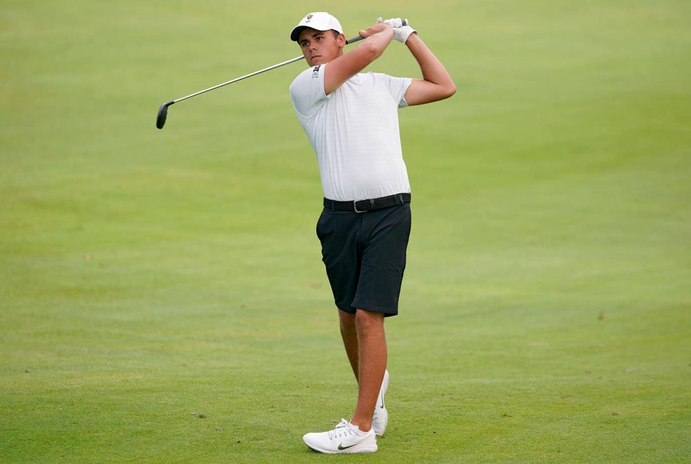 Iowa’s Garrett Tighe hits from the fairway during the second day of the Golfweek Conference Challenge at the Cedar Rapids Country Club in Cedar Rapids on Monday, Sep 16, 2019. (Stephen Mally/hawkeyesports.com)