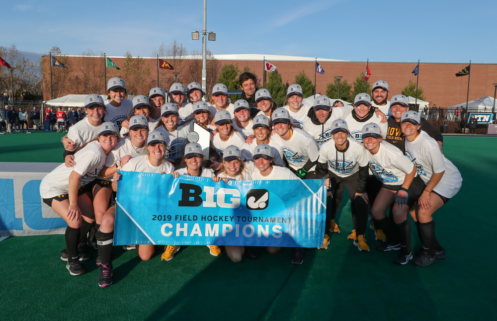 The Iowa Hawkeyes celebrate their victory over Penn State in the 2019 Big Ten Field Hockey Tournament Championship Game Sunday, November 10, 2019 in State College. (Brian Ray/hawkeyesports.com)