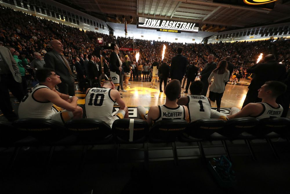 Iowa Hawkeyes forward Luka Garza (55), guard Joe Wieskamp (10), guard Connor McCaffery (30), guard Joe Toussaint (1), and guard CJ Fredrick (5) before their game against Penn State Saturday, February 29, 2020 at Carver-Hawkeye Arena. (Brian Ray/hawkeyesports.com)
