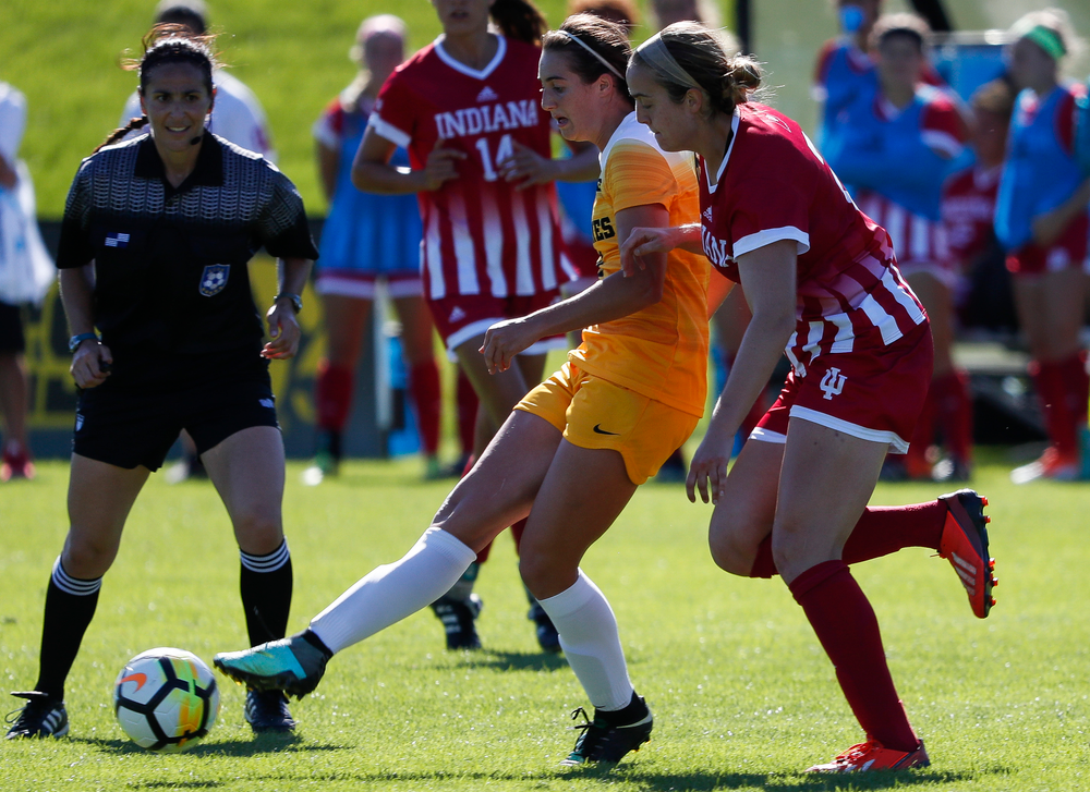 Iowa Hawkeyes forward Kaleigh Haus (4) passes the ball during a game against Indiana at the Iowa Soccer Complex on September 23, 2018. (Tork Mason/hawkeyesports.com)