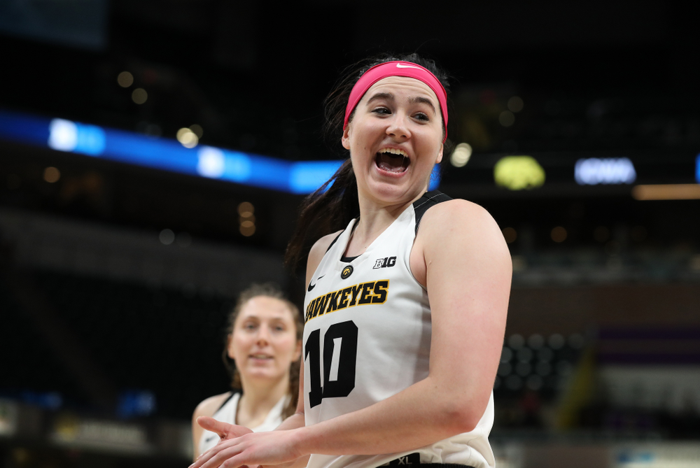 Iowa Hawkeyes forward Megan Gustafson (10) against the Rutgers Scarlet Knights in the semi-finals of the Big Ten Tournament Saturday, March 9, 2019 at Bankers Life Fieldhouse in Indianapolis, Ind. (Brian Ray/hawkeyesports.com)