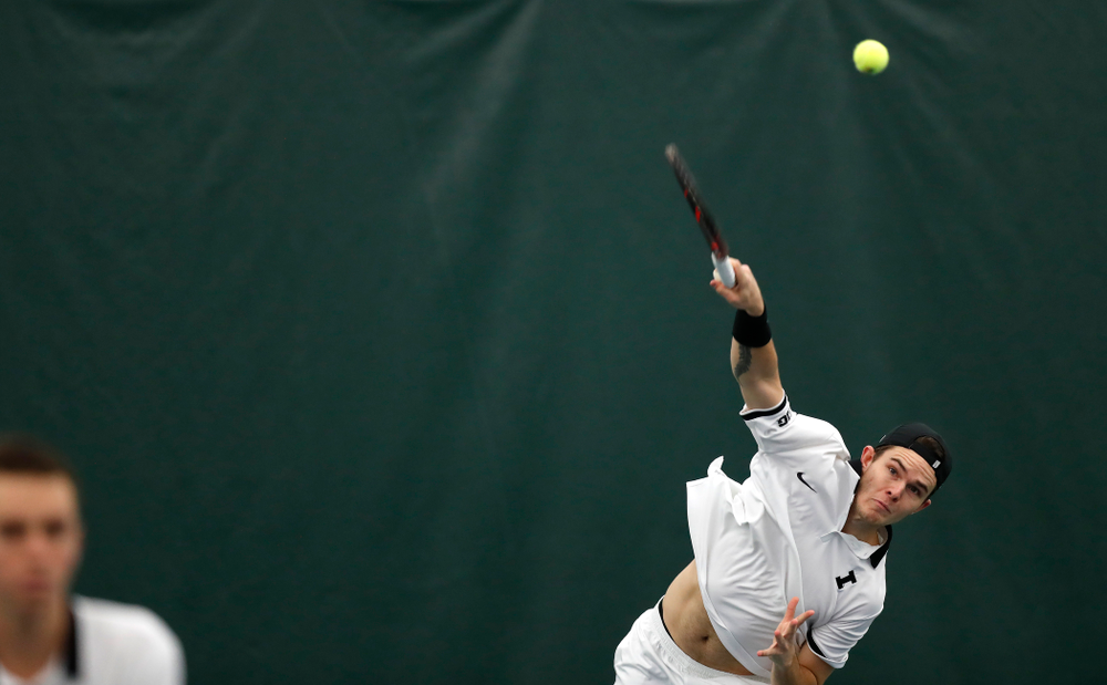 Jonas Larsen and Kareem Allaf play a doubles match against Purdue Sunday, April 15, 2018 at the Hawkeye Tennis and Recreation Center. (Brian Ray/hawkeyesports.com)
