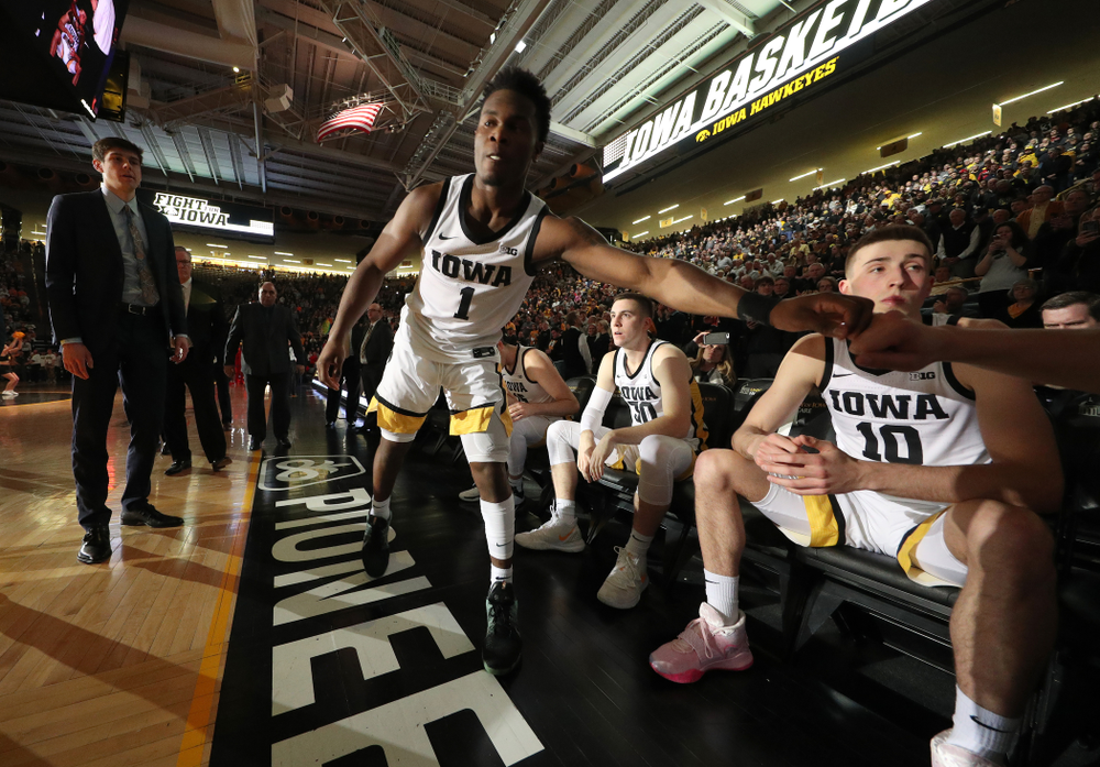 Iowa Hawkeyes guard Joe Toussaint (1) against the Ohio State Buckeyes Thursday, February 20, 2020 at Carver-Hawkeye Arena. (Brian Ray/hawkeyesports.com)