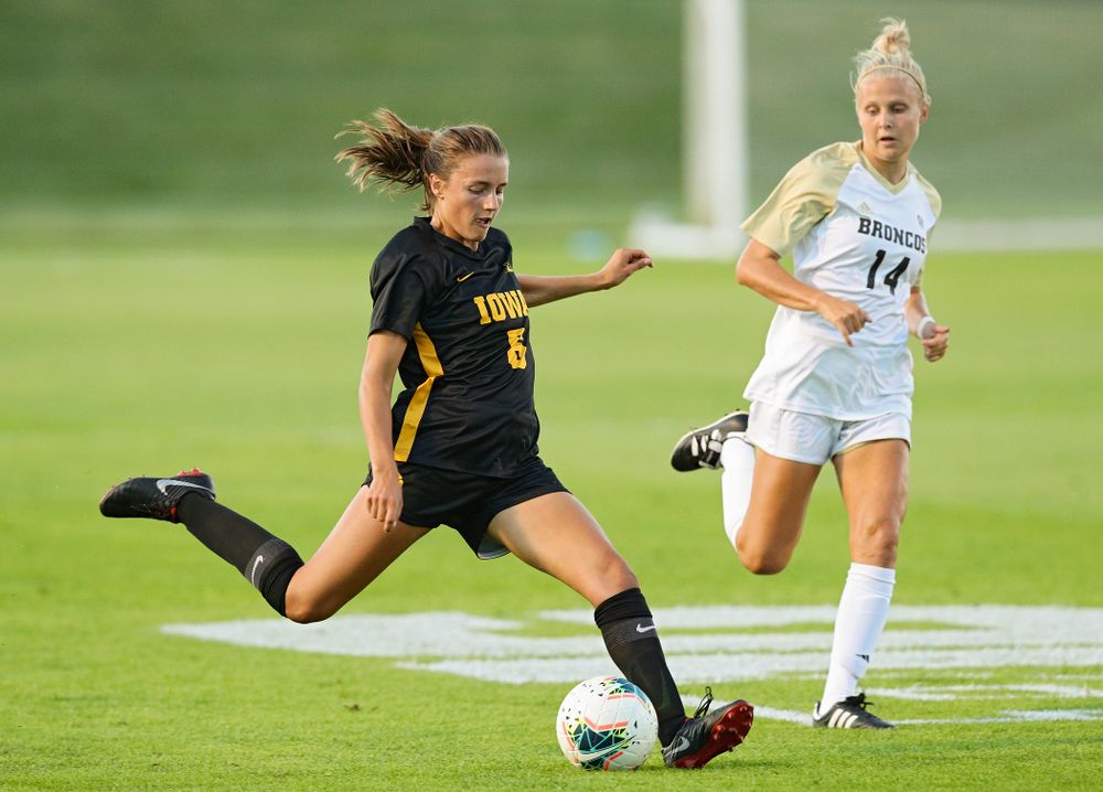 Iowa midfielder Isabella Blackman (6) lines up a shot during the first half of their match against Western Michigan at the Iowa Soccer Complex in Iowa City on Thursday, Aug 22, 2019. (Stephen Mally/hawkeyesports.com)