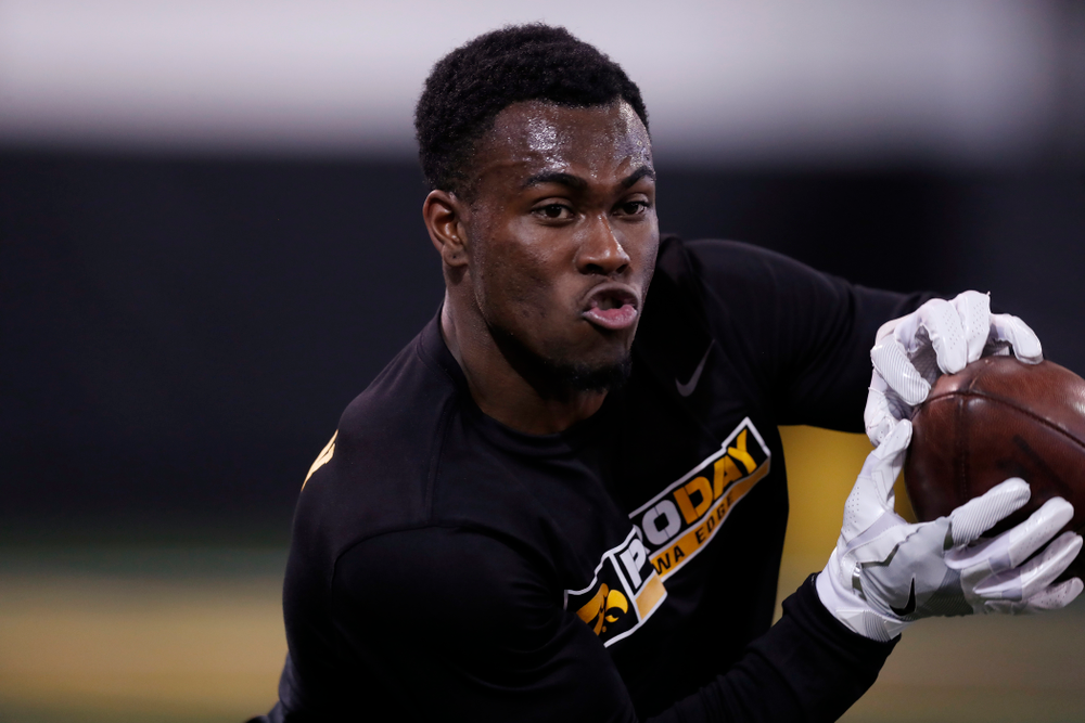 Iowa Hawkeyes defensive back Joshua Jackson (15) during the team's annual pro day Monday, March 26, 2018 at the Hansen Football Performance Center. (Brian Ray/hawkeyesports.com)