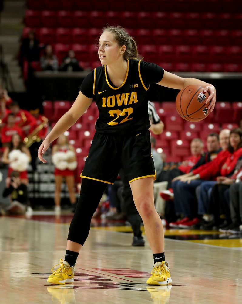 Iowa Hawkeyes guard Kathleen Doyle (22) against the Maryland Terrapins Thursday, February 13, 2020 at the Xfinity Center in College Park, MD. (Brian Ray/hawkeyesports.com)