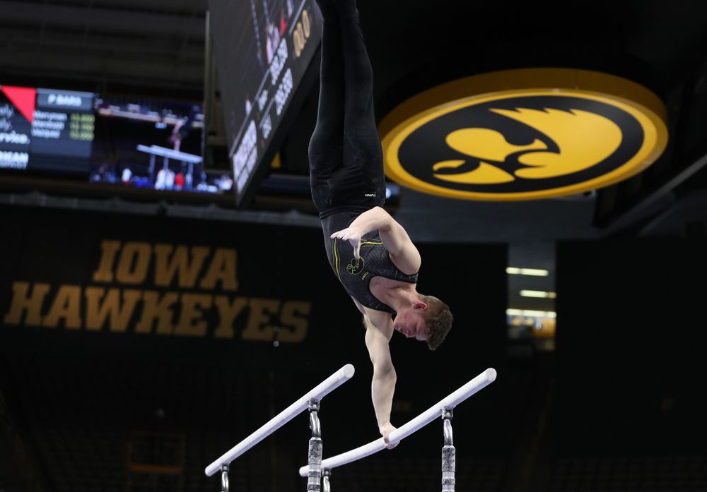 Iowa's Stewart Brown competes on the parallel bars against the Ohio State Buckeyes Saturday, March 16, 2019 at Carver-Hawkeye Arena. (Brian Ray/hawkeyesports.com)