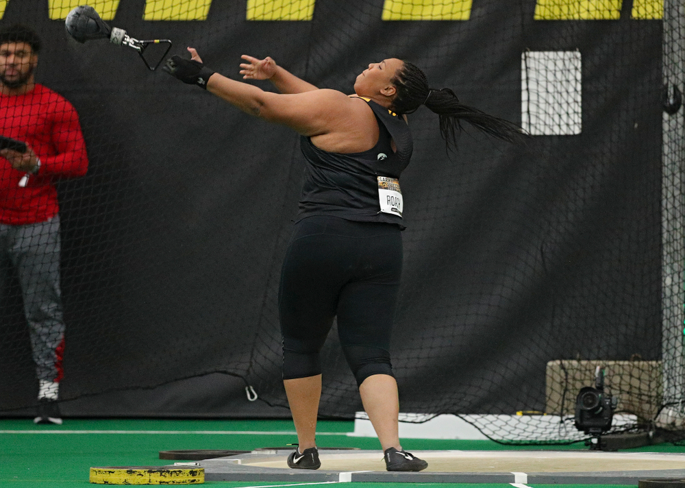 Iowa’s Ianna Roach throws in the women’s weight throw event during the Larry Wieczorek Invitational at the Hawkeye Tennis and Recreation Complex in Iowa City on Friday, January 17, 2020. (Stephen Mally/hawkeyesports.com)