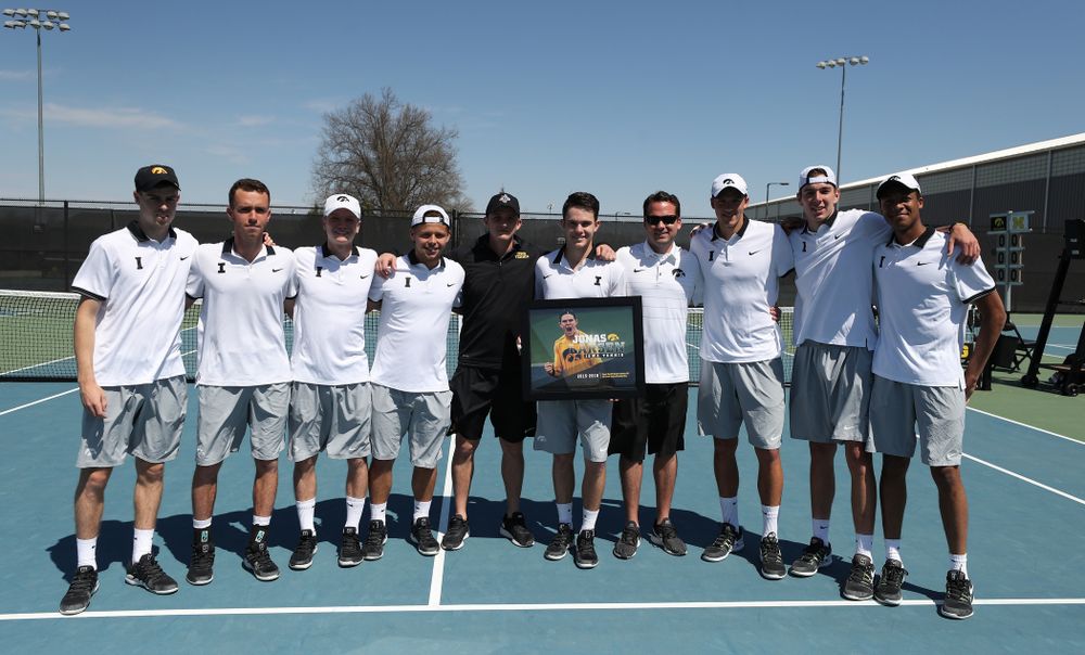 IowaÕs Jonas Larsen is honored during senior day ceremonies before their game against the Michigan Wolverines Sunday, April 21, 2019 at the Hawkeye Tennis and Recreation Complex. (Brian Ray/hawkeyesports.com)