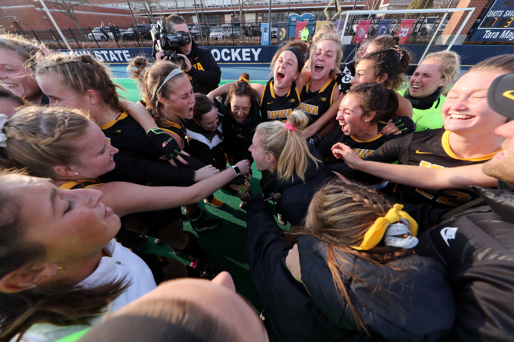 The Iowa Hawkeyes celebrate their 1-0 overtime victory over Penn State to win the 2019 Big Ten Field Hockey Tournament Sunday, November 10, 2019 at Penn State (Brian Ray/hawkeyesports.com)