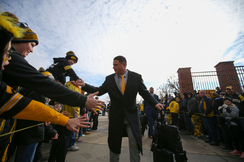 Iowa Hawkeyes offensive coordinator Brian Ferentz during Iowa football vs Minnesota on Saturday, November 16, 2019 at Kinnick Stadium. (Lily Smith/hawkeyesports.com)