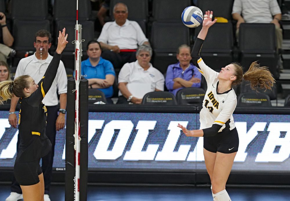 Iowa’s Emma Grunkemeyer (14) during the second set of the Black and Gold scrimmage at Carver-Hawkeye Arena in Iowa City on Saturday, Aug 24, 2019. (Stephen Mally/hawkeyesports.com)