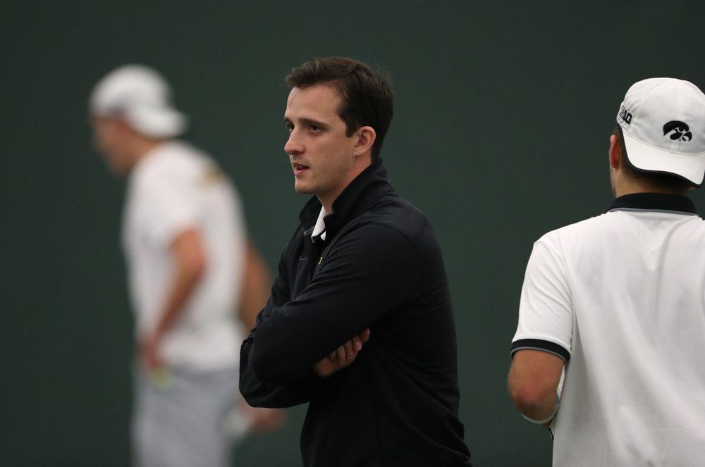 Iowa assistant coach Joey Manilla against Western Michigan Saturday, January 19, 2019 at the Hawkeye Tennis and Recreation Complex. (Brian Ray/hawkeyesports.com)
