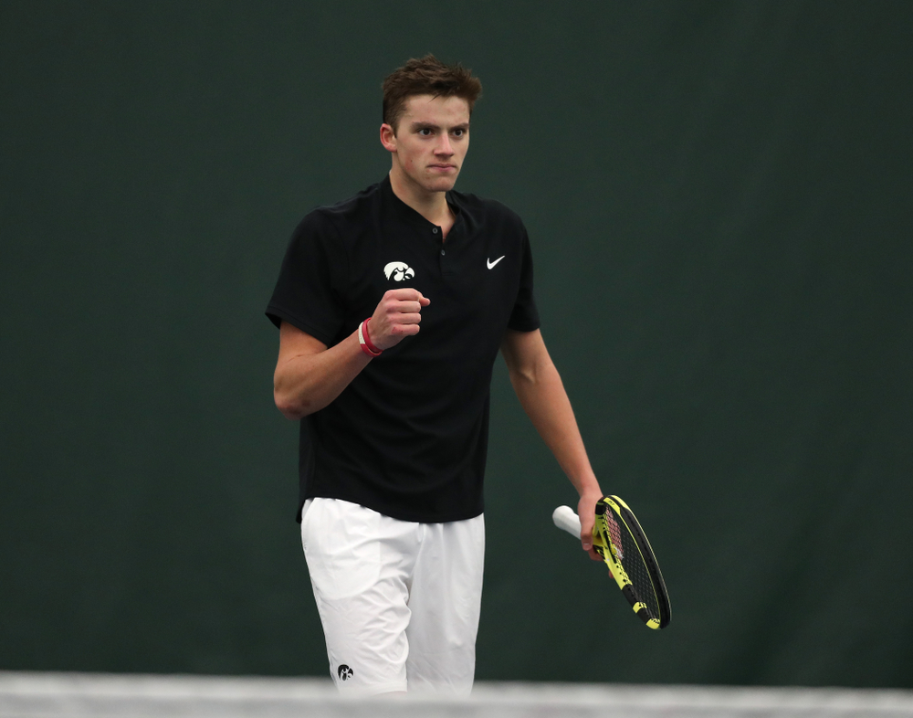 Joe Tyler against Utah Sunday, February 10, 2019 at the Hawkeye Tennis and Recreation Complex. (Brian Ray/hawkeyesports.com)