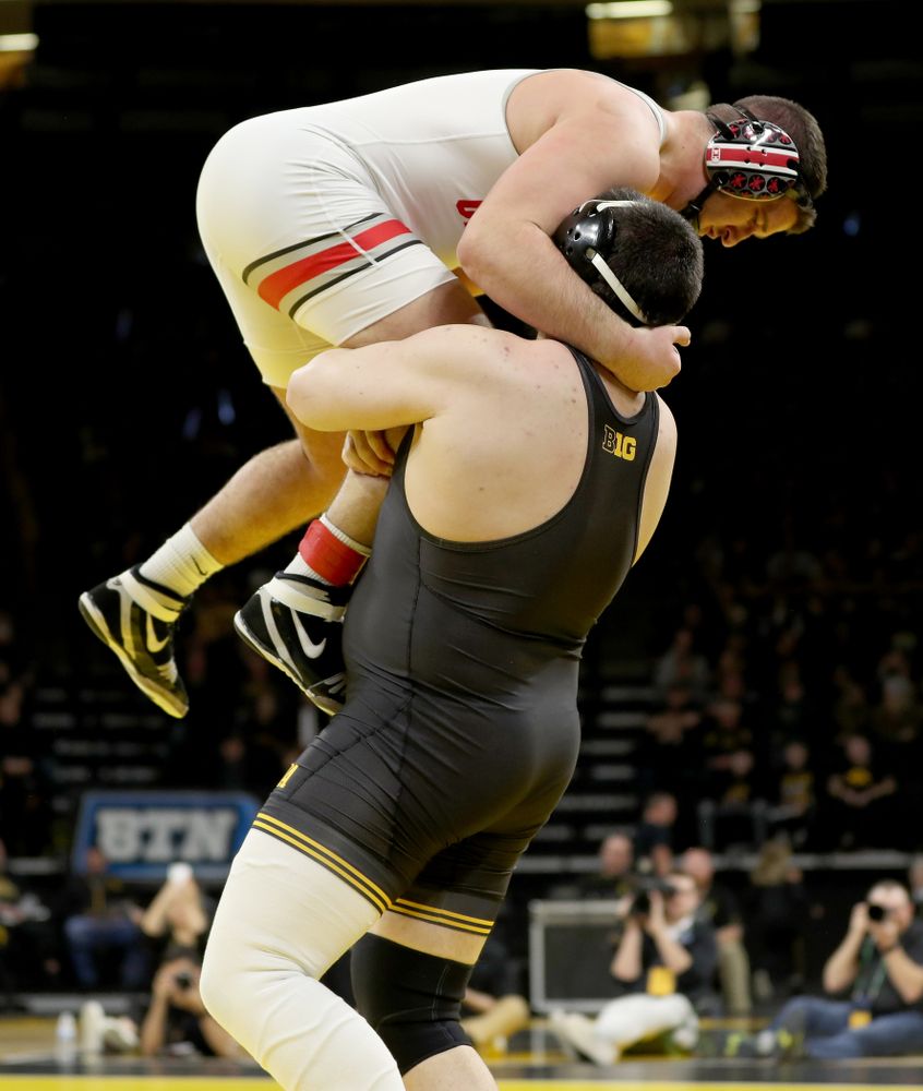 Iowa’s Tony Cassioppi wrestles Ohio State’s Gary Traub at heavyweight Friday, January 24, 2020 at Carver-Hawkeye Arena. Cassioppi won the match 9-3. (Brian Ray/hawkeyesports.com)