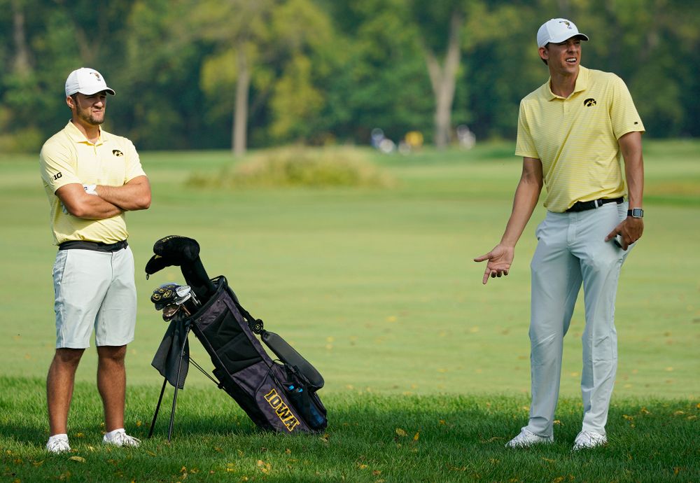 Iowa’s Gonzalo Leal (from left) talks with assistant coach Charlie Hoyle during the third day of the Golfweek Conference Challenge at the Cedar Rapids Country Club in Cedar Rapids on Tuesday, Sep 17, 2019. (Stephen Mally/hawkeyesports.com)