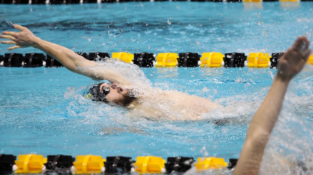 Iowa's Kenneth Mende competes in the 200-yard backstroke during a meet against Michigan and Denver at the Campus Recreation and Wellness Center on November 3, 2018. (Tork Mason/hawkeyesports.com)