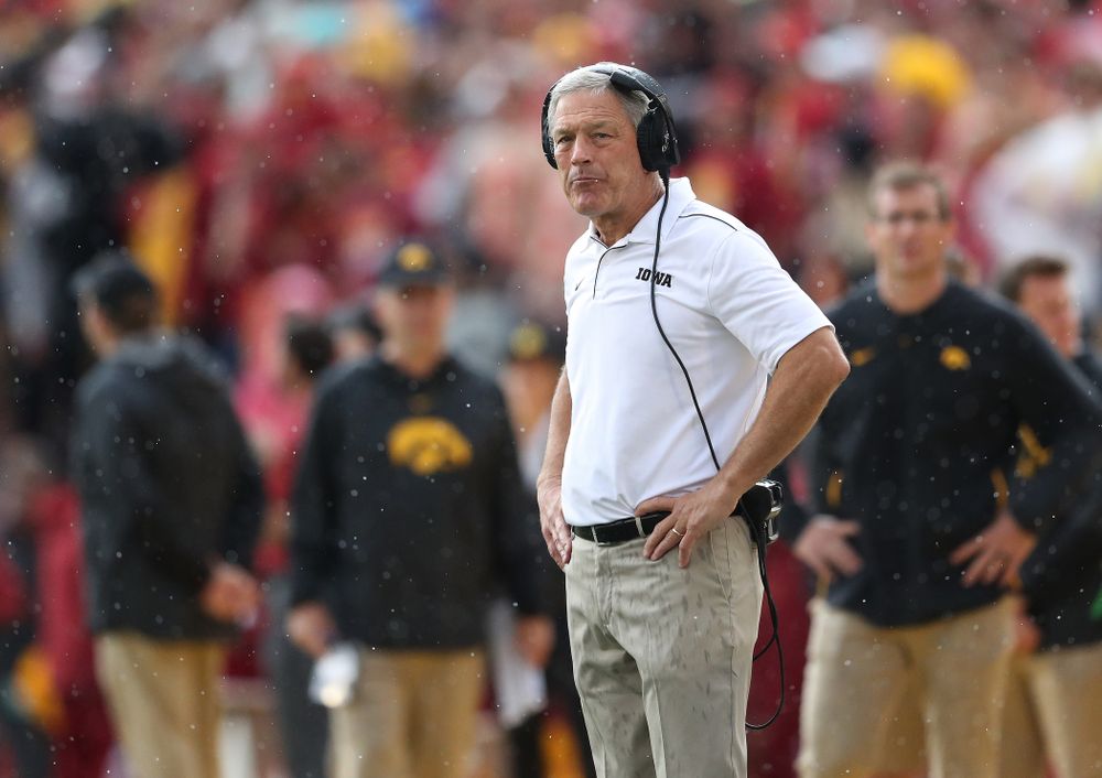 Iowa Hawkeyes head coach Kirk Ferentz against the Iowa State Cyclones Saturday, September 14, 2019 at Jack Trice Stadium in Ames, Iowa. (Brian Ray/hawkeyesports.com)
