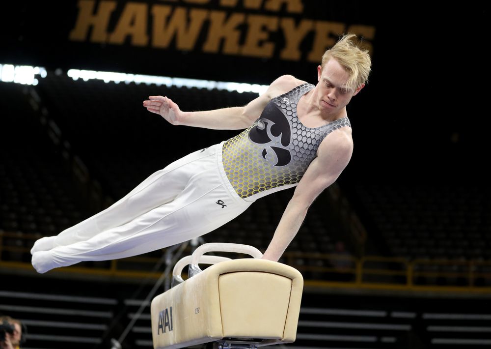 Iowa’s Nick Merryman competes on the pommel horse against Illinois Sunday, March 1, 2020 at Carver-Hawkeye Arena. (Brian Ray/hawkeyesports.com)