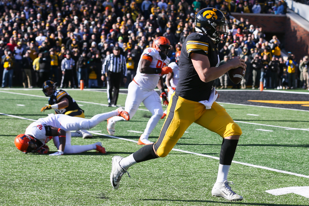 Iowa Hawkeyes quarterback Nate Stanley (4) during Iowa football vs Illinois on Saturday, November 23, 2019 at Kinnick Stadium. (Lily Smith/hawkeyesports.com)