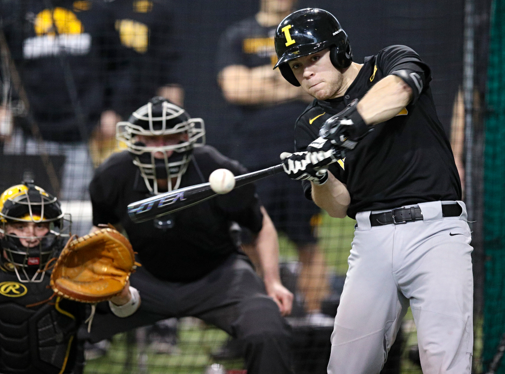 Iowa Hawkeyes outfielder Andrew Nord (10) bats during practice at the Hansen Football Performance Center in Iowa City on Friday, January 24, 2020. (Stephen Mally/hawkeyesports.com)