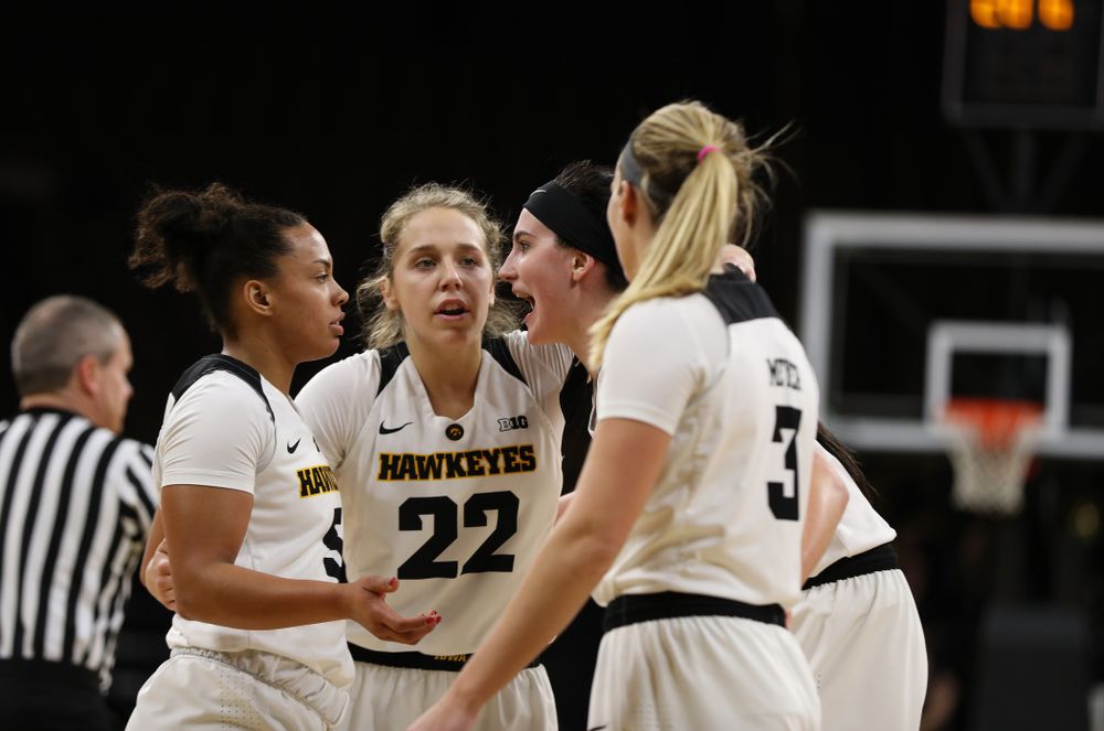 Iowa Hawkeyes forward Megan Gustafson (10), guard Kathleen Doyle (22), forward Hannah Stewart (21), guard Alexis Sevillian (5), and Makenzie Meyer against the Nebraska Cornhuskers Thursday, January 3, 2019 at Carver-Hawkeye Arena. (Brian Ray/hawkeyesports.com)