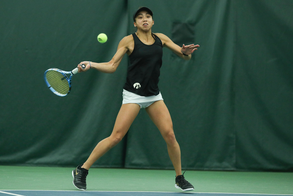 Iowa’s Michelle Bacalla returns a hit during the Iowa women’s tennis meet vs DePaul on Friday, February 21, 2020 at the Hawkeye Tennis and Recreation Complex. (Lily Smith/hawkeyesports.com)
