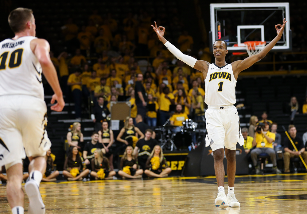 Iowa Hawkeyes guard Maishe Dailey (1) reacts after Iowa Hawkeyes guard Joe Wieskamp (10) hits a 3-pointer during a game against Guilford College at Carver-Hawkeye Arena on November 4, 2018. (Tork Mason/hawkeyesports.com)