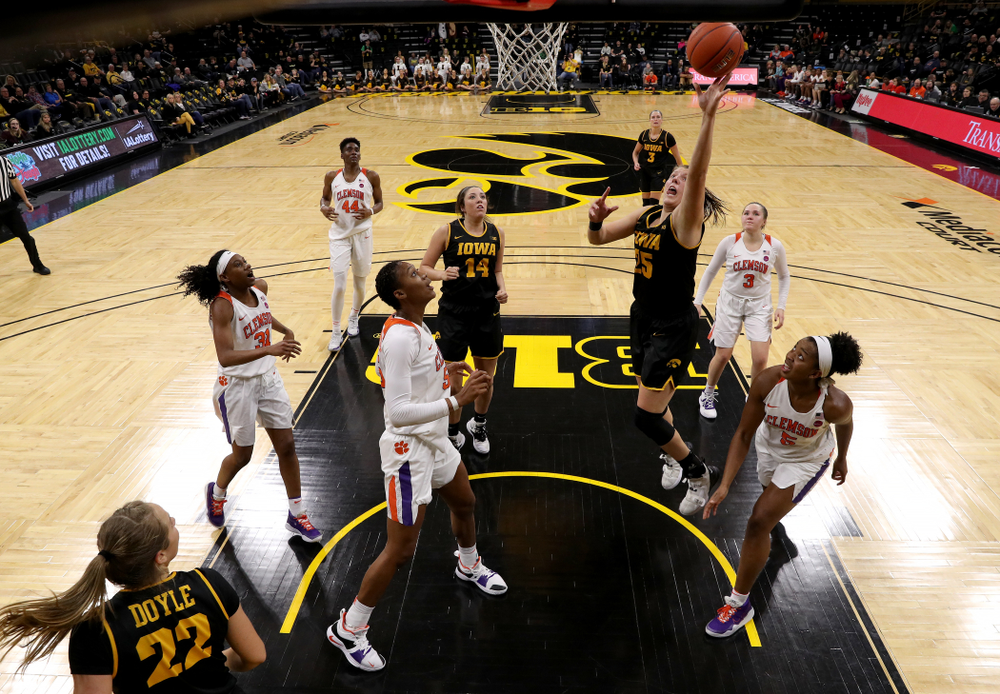 Iowa Hawkeyes forward/center Monika Czinano (25) goes to the hoop against Clemson Wednesday, December 4, 2019 at Carver-Hawkeye Arena. (Brian Ray/hawkeyesports.com)