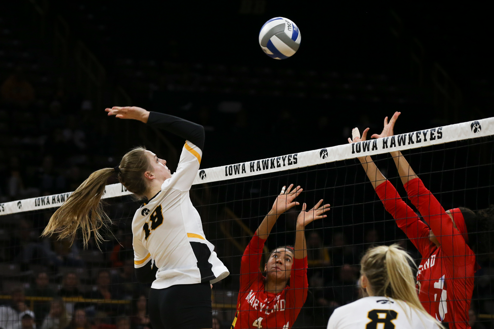 Iowa Hawkeyes middle blocker Hannah Clayton (18) during Iowa volleyball vs Maryland on Saturday, November 30, 2019 at Carver-Hawkeye Arena. (Lily Smith/hawkeyesports.com)