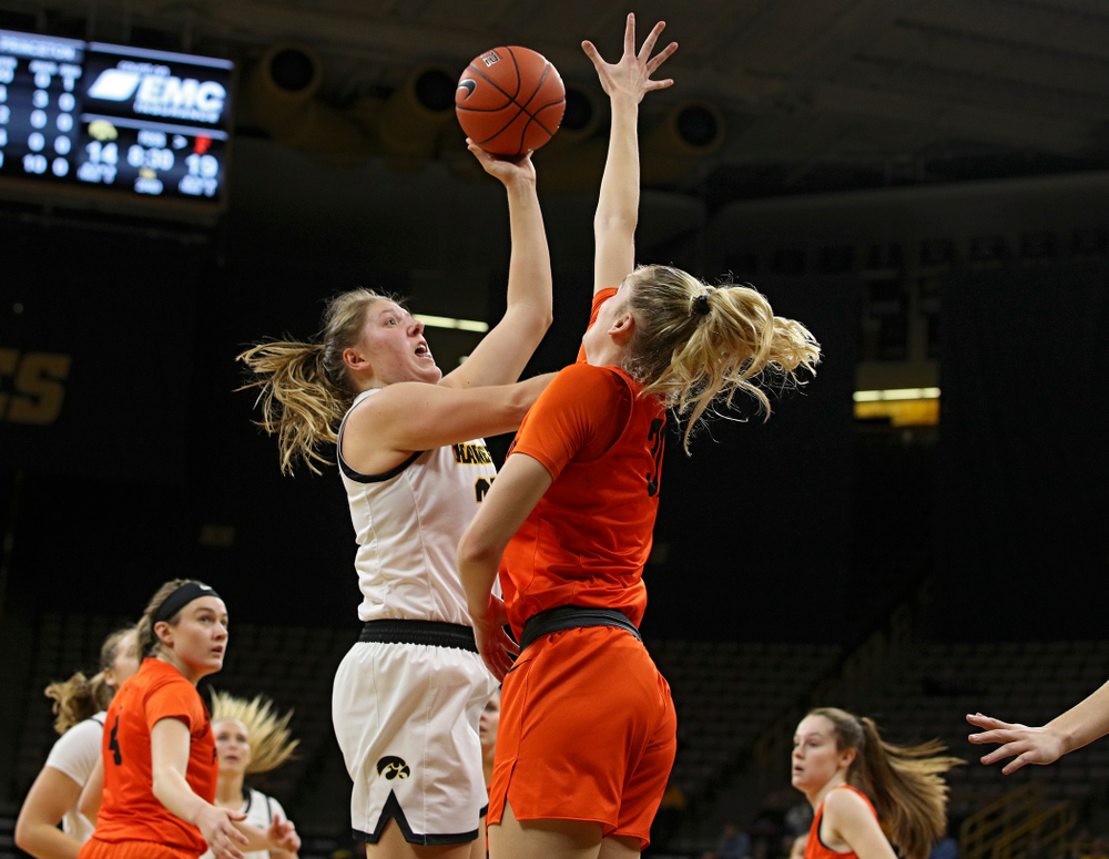 Iowa forward/center Monika Czinano (25) scores a basket during the second quarter of their overtime win against Princeton at Carver-Hawkeye Arena in Iowa City on Wednesday, Nov 20, 2019. (Stephen Mally/hawkeyesports.com)