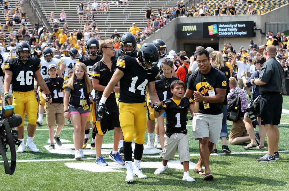 Iowa Hawkeyes wide receiver Kyle Groeneweg (14) during Kids Day Saturday, August 11, 2018 at Kinnick Stadium. (Brian Ray/hawkeyesports.com)