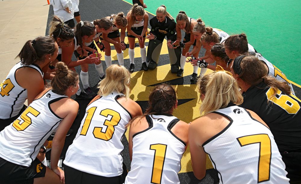 The Iowa Hawkeyes huddle before their game at Grant Field in Iowa City on Friday, Sep 13, 2019. (Stephen Mally/hawkeyesports.com)