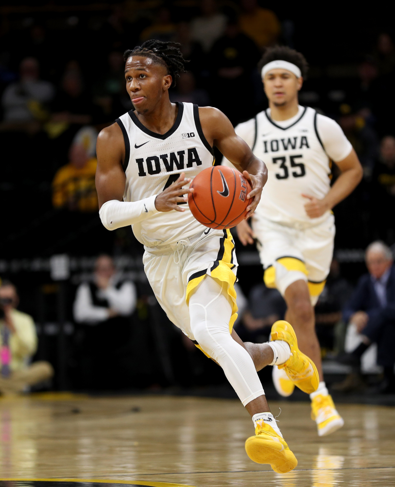 Iowa Hawkeyes guard Bakari Evelyn (4) against the Maryland Terrapins Friday, January 10, 2020 at Carver-Hawkeye Arena. (Brian Ray/hawkeyesports.com)
