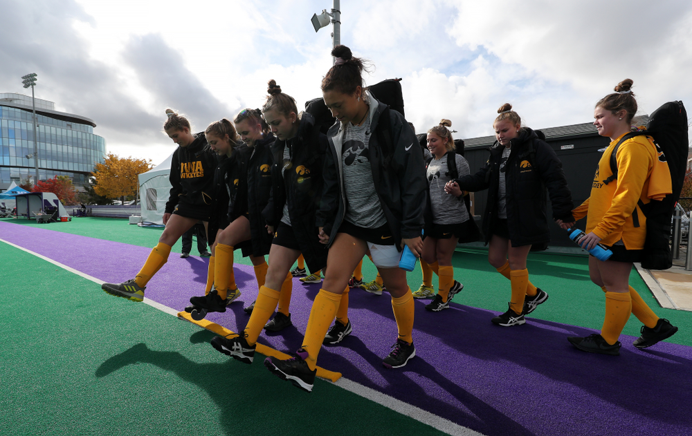 The sophomores cross the line before their game against the Michigan Wolverines in the semi-finals of the Big Ten Tournament Friday, November 2, 2018 at Lakeside Field on the campus of Northwestern University in Evanston, Ill. (Brian Ray/hawkeyesports.com)