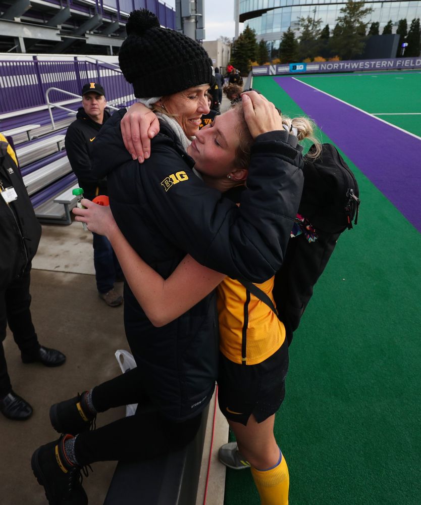 Iowa Hawkeyes Ellie Holley (7) hugs her family after their 2-1 victory over the Michigan Wolverines in the semi-finals of the Big Ten Tournament Friday, November 2, 2018 at Lakeside Field on the campus of Northwestern University in Evanston, Ill. (Brian Ray/hawkeyesports.com)