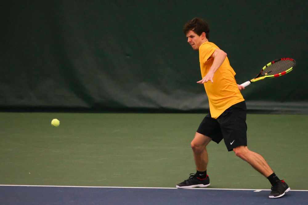 Iowa's Joe Tyler at a tennis match vs Drake Friday, March 8, 2019 at the Hawkeye Tennis and Recreation Complex. (Lily Smith/hawkeyesports.com)