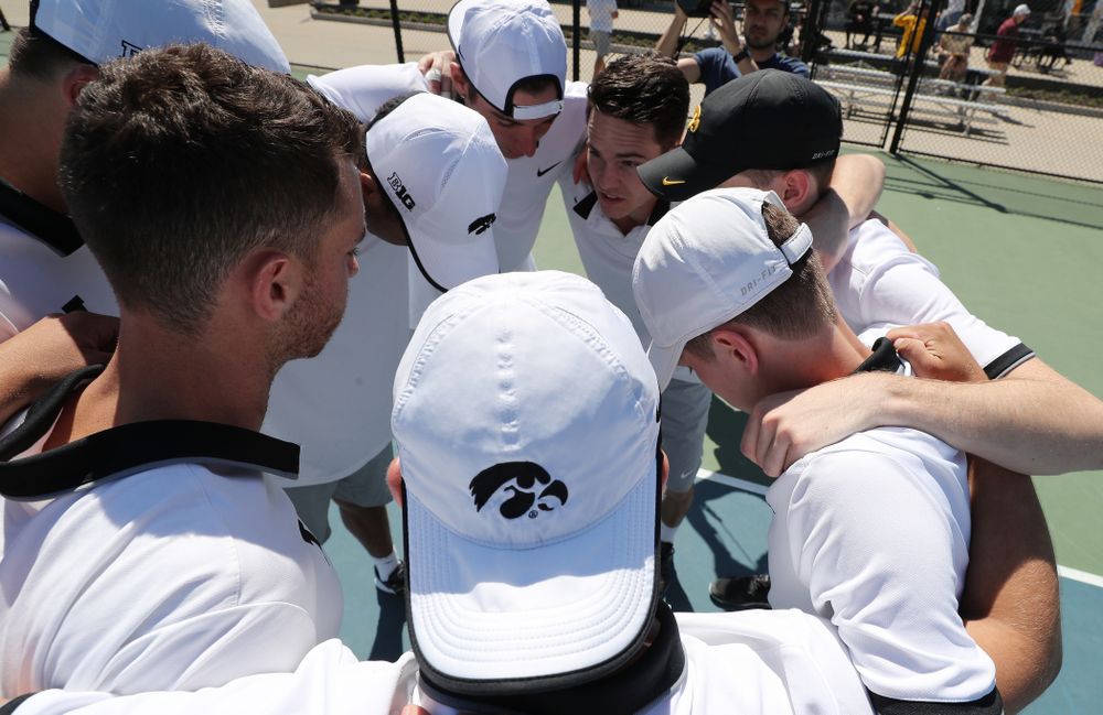 IowaÕs Jonas Larsen pumps up his teammates before their game against the Michigan Wolverines Sunday, April 21, 2019 at the Hawkeye Tennis and Recreation Complex. (Brian Ray/hawkeyesports.com)
