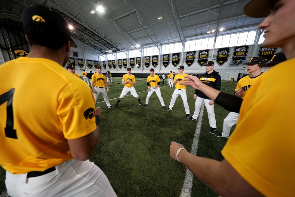 The Iowa Hawkeyes play two ball before practice Thursday, February 6, 2020 at the Indoor Practice Facility. (Brian Ray/hawkeyesports.com)