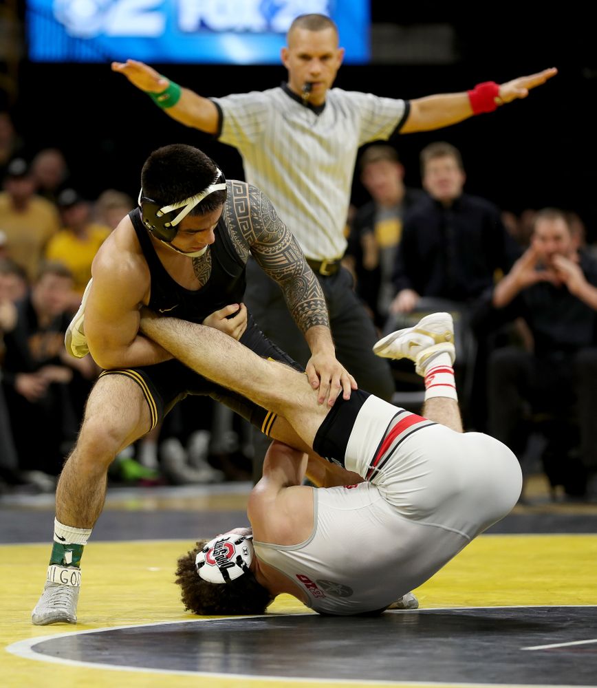 Iowa’s Pat Lugo wrestles Ohio State’s Sammy Sasso at 149 pounds Friday, January 24, 2020 at Carver-Hawkeye Arena. Sasso won the match with a 2-1 in overtime. (Brian Ray/hawkeyesports.com)