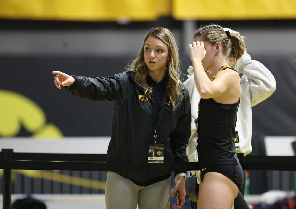 Iowa Hawkeyes assistant coach Paige Knodle during the 2019 Larry Wieczorek Invitational Friday, January 18, 2019 at the Recreation Building. (Brian Ray/hawkeyesports.com)